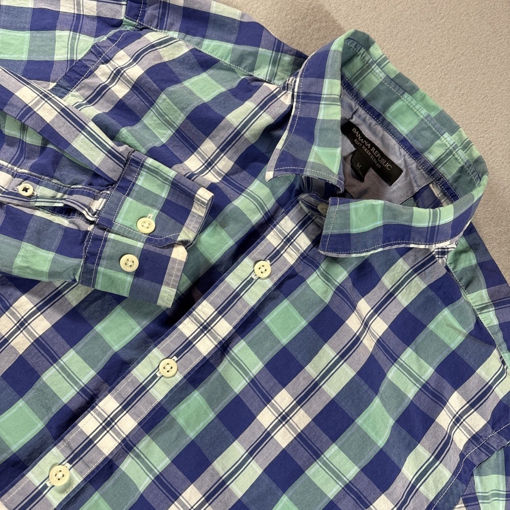 Banana Republic Slim Fit Button‎ Shirt M Blue Green Plaid Mens